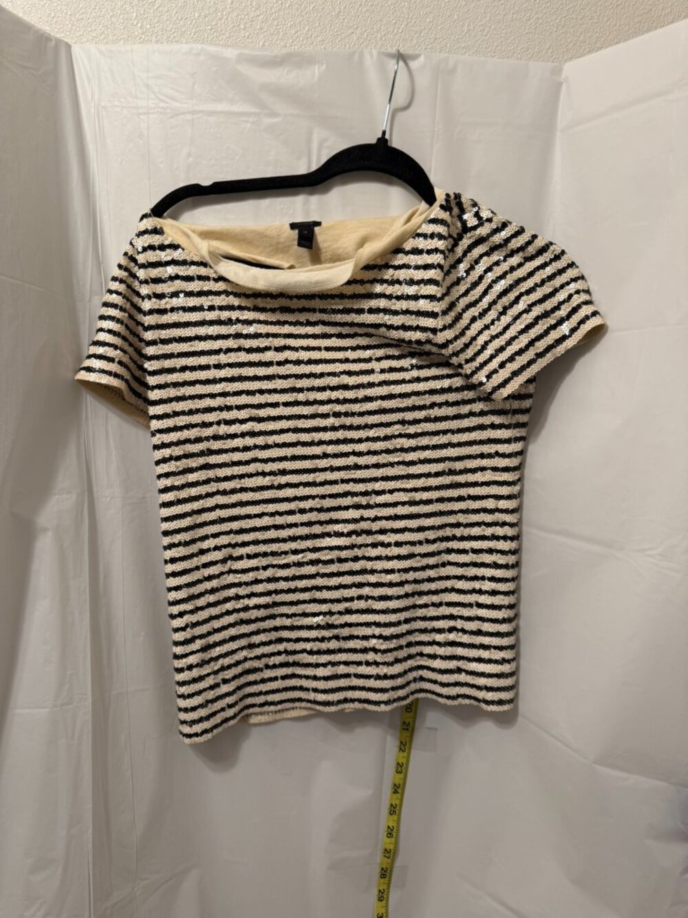 JCrew XS Sequin Striped Boatneck Short Sleeve Top Cream Black